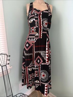 Vintage 90s Y2K Artsy Boho Goddess Black & Red Tribal Geometric Midi Dress
